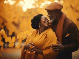 aimant vieux africain américain couple est profiter une romantique l'automne journée ai génératif photo