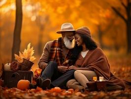 aimant vieux africain américain couple est profiter une romantique l'automne journée ai génératif photo