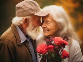 aimant vieux couple est profiter une romantique l'automne journée ai génératif photo