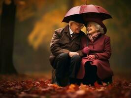 aimant vieux couple est profiter une romantique l'automne journée ai génératif photo