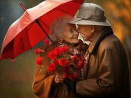 aimant vieux couple est profiter une romantique l'automne journée ai génératif photo