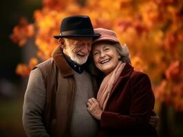 aimant vieux couple est profiter une romantique l'automne journée ai génératif photo