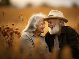 aimant vieux couple est profiter une romantique l'automne journée ai génératif photo