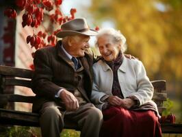 aimant vieux couple est profiter une romantique l'automne journée ai génératif photo