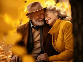 aimant vieux couple est profiter une romantique l'automne journée ai génératif photo