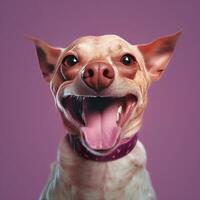génératif ai, portrait de une content chien à la recherche à le caméra avec bouche ouvert sur rose Contexte photo