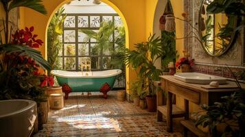 génératif ai, rétro boho Hôtel salle de bains, puerto rico style. brillant couleurs et les plantes photo