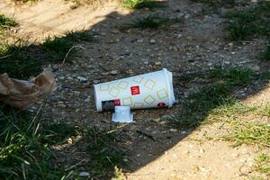 mcDonalds déchets dans le la nature. utilisé papier jetable packs. vite nourriture litière héritage. mis au rebut papier café Coupe. pile de abandonné des ordures emballage. photo