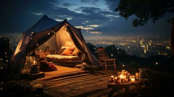 génératif ai, romantique camping avec lanterne lumières, oreillers, couverture. ville vue dans le soir photo