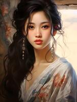 magnifique Jeune asiatique femme portrait, mignonne fille fond d'écran Contexte photo, génératif ai photo