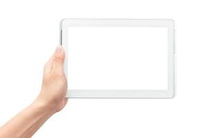 hand holding tablet computer sur fond blanc avec un tracé de détourage photo