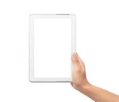 hand holding tablet computer sur fond blanc avec un tracé de détourage photo