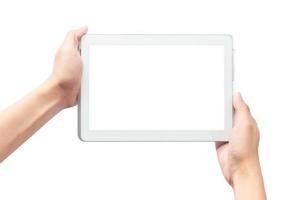 hand holding tablet computer sur fond blanc avec un tracé de détourage photo