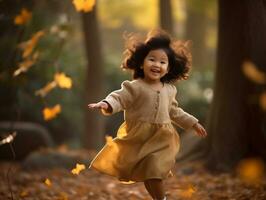 ai génératif content enfant fille jette l'automne feuilles et des rires en plein air photo