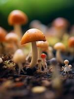 ai génératif famille de peu champignons sur le l'automne forêt sol photo