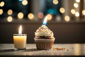 délicieux anniversaire petit gâteau sur table sur lumière Contexte. ai généré photo