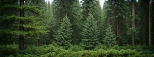 en bonne santé vert des arbres dans une forêt de vieux épicéa, sapin et pin. ai généré photo