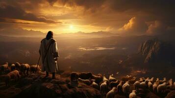 Jésus berger le mouton dans soir ciel photo