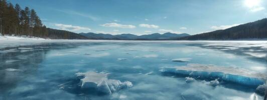 bleu la glace et des fissures sur le surface de le glace. congelé Lac en dessous de une bleu ciel dans le l'hiver. le collines de pins. l'hiver. carpates, Ukraine, L'Europe .. ai généré photo