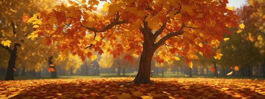 l'automne coloré brillant feuilles balançant dans une arbre dans automnal parc. l'automne coloré arrière-plan, tomber toile de fond. ai généré photo