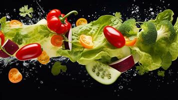 Frais des légumes chute dans l'eau sur noir Contexte. en bonne santé nourriture concept. génératif ai photo