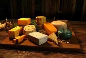 divers les types de fromage sur rustique en bois tableau. établi avec génératif ai photo