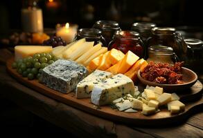 divers les types de fromage sur rustique en bois tableau. établi avec génératif ai photo