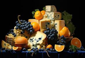 divers les types de fromage sur rustique en bois tableau. établi avec génératif ai photo