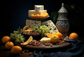 divers les types de fromage sur rustique en bois tableau. établi avec génératif ai photo