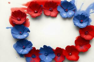 rouge blanc et bleu fleurs arrangé dans une cercle. ai généré photo