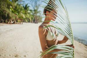 Jeune maigre femme dans blanc bikini maillots de bain en portant feuille de paume arbre photo