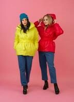 deux excité attrayant fille copains actif femmes posant sur rose Contexte dans coloré hiver vers le bas veste de brillant rouge et Jaune Couleur ayant amusement ensemble, chaud manteau mode tendance photo