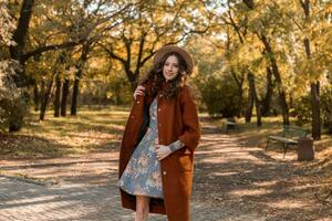 attrayant élégant femme en marchant dans parc habillé dans chaud marron manteau photo