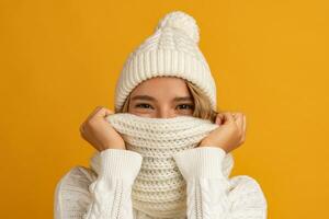 Jeune souriant content jolie blond femme portant blanc tricoté chandail, écharpe et chapeau, chaud hiver du froid saison mode accessoires s'orienter, posant sur Jaune studio Contexte isolé photo