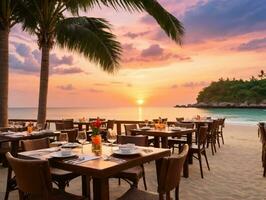 une restaurant ensemble en haut sur le plage avec une le coucher du soleil dans le Contexte. ai généré photo