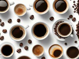 une table surmonté avec beaucoup de tasses de café. ai généré photo