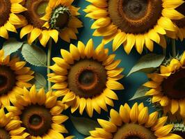 une grand groupe de Jaune tournesols avec vert feuilles. ai généré photo