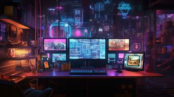 génératif ai, ordinateur sur le table dans cyberpunk style, nostalgique années 80, années 90. néon nuit lumières vibrant couleurs, photoréaliste horizontal illustration de le futuriste intérieur. La technologie concept. photo