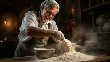 génératif ai, vieux homme mains de boulanger dans restaurant ou Accueil cuisine, prépare écologiquement Naturel des pâtisseries. photo