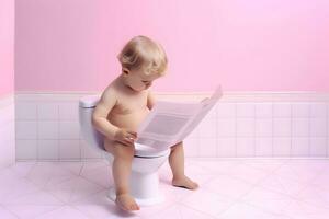 enfant en train de lire journal et toilette photo