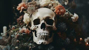 génératif ai, Halloween Contexte avec crâne, fleurs et plumes dans boho style, en sourdine neutre couleurs, Accueil décoration photo