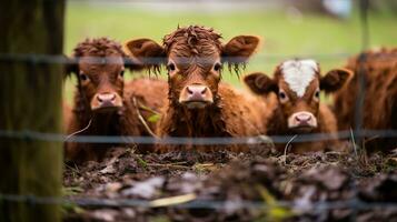 génératif ai, peu mollets à la recherche à le caméra sur une cultiver, bébé vaches photo