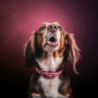 génératif ai, portrait de une content chien à la recherche à le caméra avec bouche ouvert sur rose Contexte photo