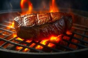 du boeuf steak sur le gril avec flammes. un barbecue aliments. délicieux aliments. ai produire photo