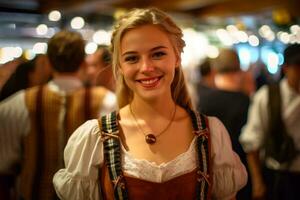 portrait de une souriant Jeune femme dans une traditionnel bavarois costume. célébrer fête de la bière. ai génératif photo