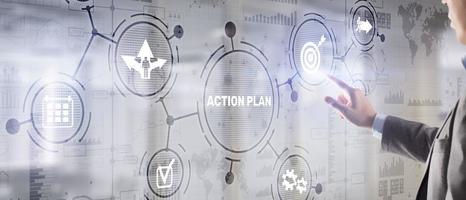 concept de stratégie de plan d'action commercial sur écran virtuel. gestion du temps. photo