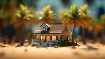 ai génératif une portrait de une miniature maison dans océan plage avec paume des arbres et vagues photo