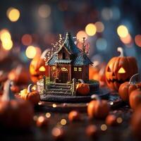 ai génératif une portrait de une miniature Halloween Château avec jack o lanterne et fantôme photo