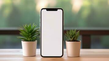 ai génératif une téléphone intelligent sur une en bois table avec plante photo