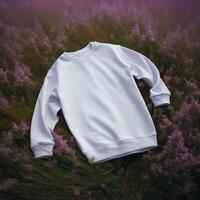 ai génératif blanc sweat-shirt allonger vers le bas dans le herbe photo